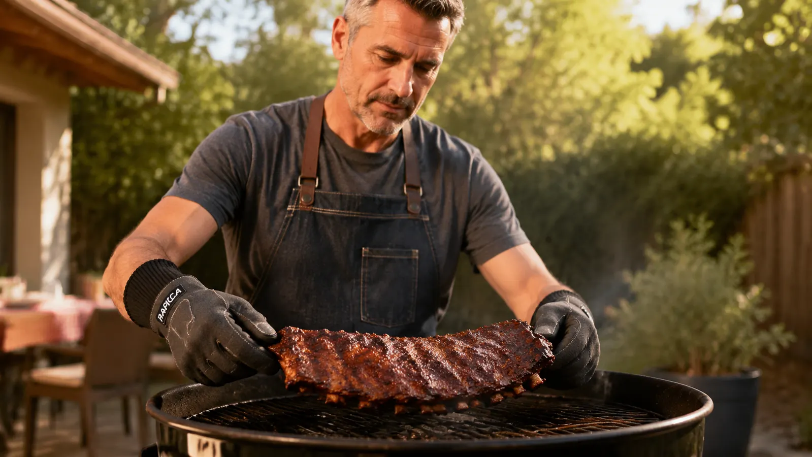 Close-up of RAPICCA BBQ gloves gripping a cast iron grate over live charcoal flames