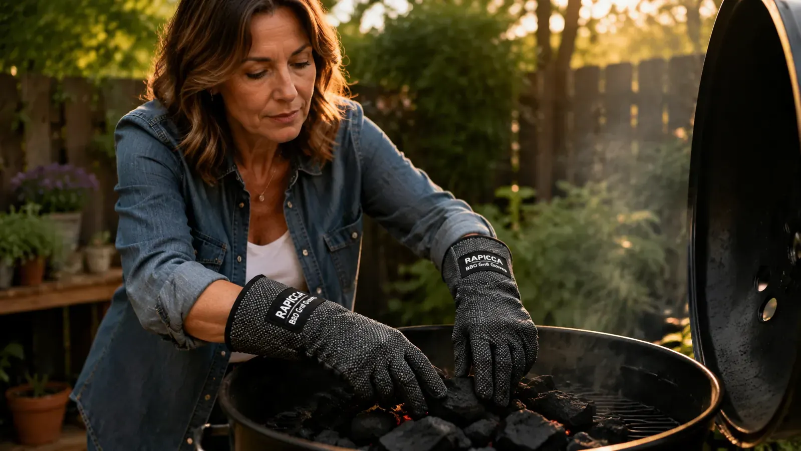 Pitmaster shredding a pork shoulder by hand while wearing heat-resistant gloves