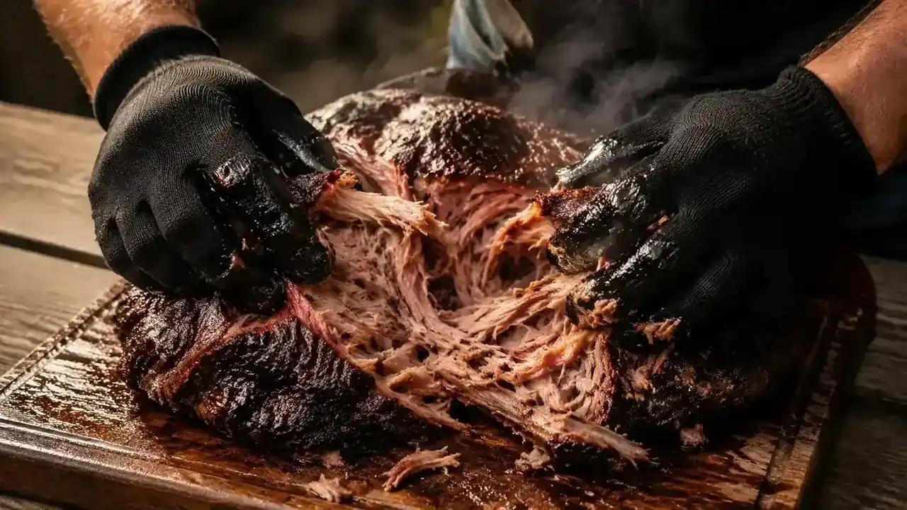 BBQ gloves laid next to a smoker thermometer and tongs on a picnic table