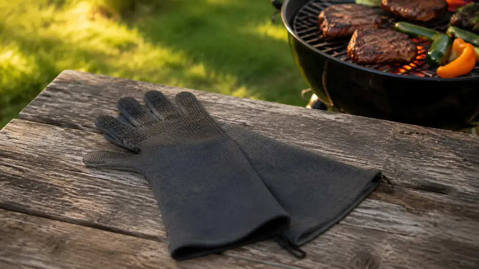 Pitmaster wearing heat-resistant BBQ gloves pulling a rack of ribs off a charcoal smoker