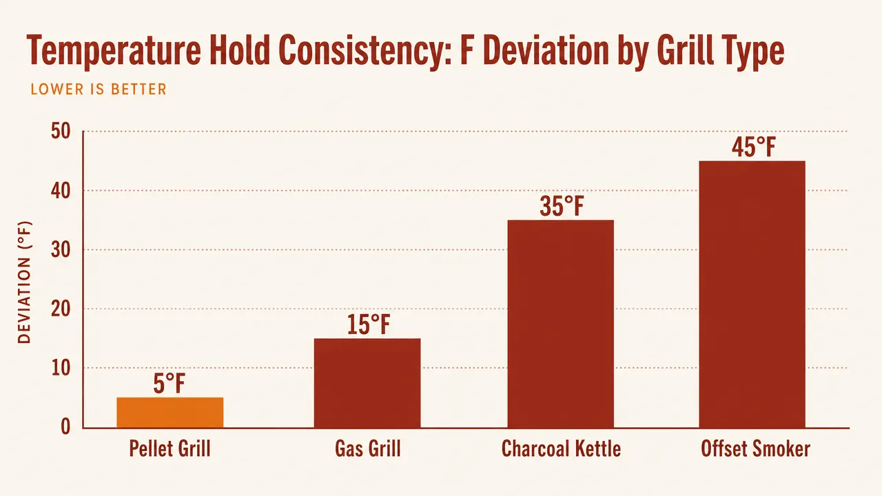 Side-by-side chart showing temperature consistency of pellet grill versus charcoal over a 4-hour cook