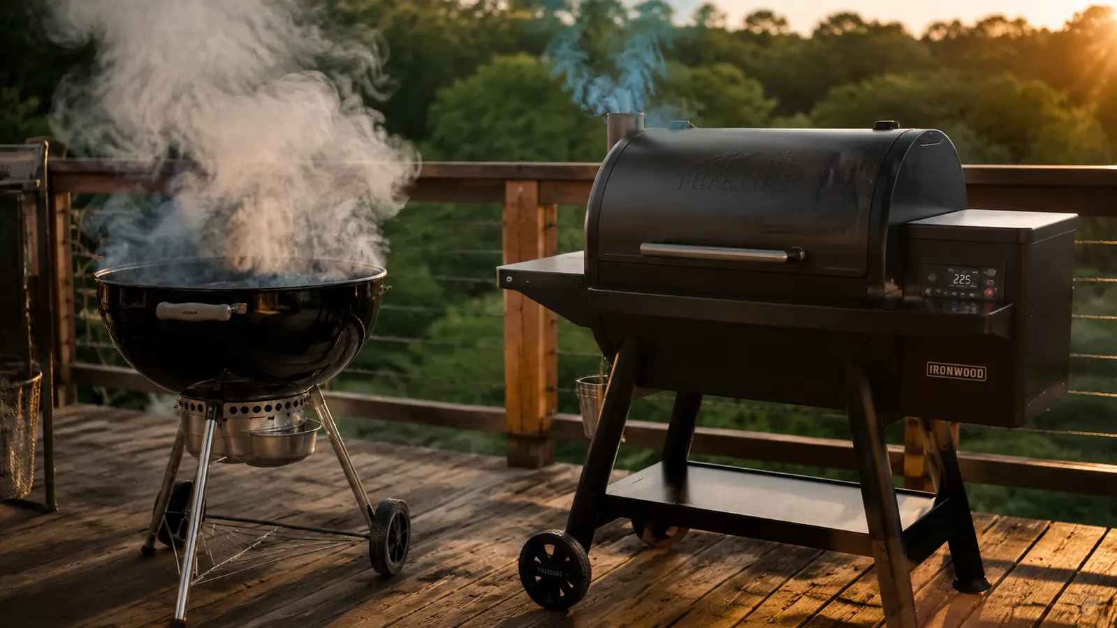 Z Grills ZPG-450A2 pellet grill smoking on a backyard patio on a sunny afternoon