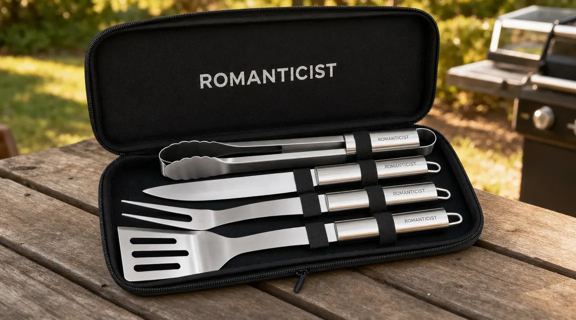 BBQ tool set in a zippered carrying case, tools organized neatly in slots