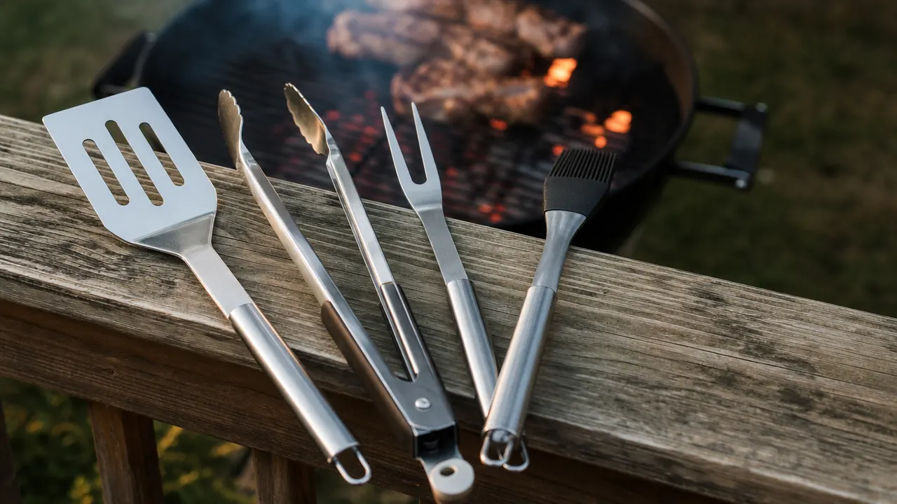 Stainless steel BBQ grill tool set laid out on a wood table next to a charcoal grill in a backyard