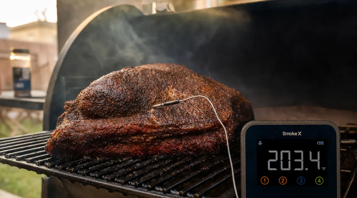 Govee Bluetooth meat thermometer probes inserted into a pork shoulder on a smoker grill, with smoke rising in warm afternoon light