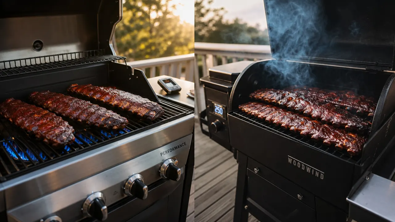 Thick blue smoke rolling off a pellet smoker in a backyard at dusk, orange ember glow visible through the vent