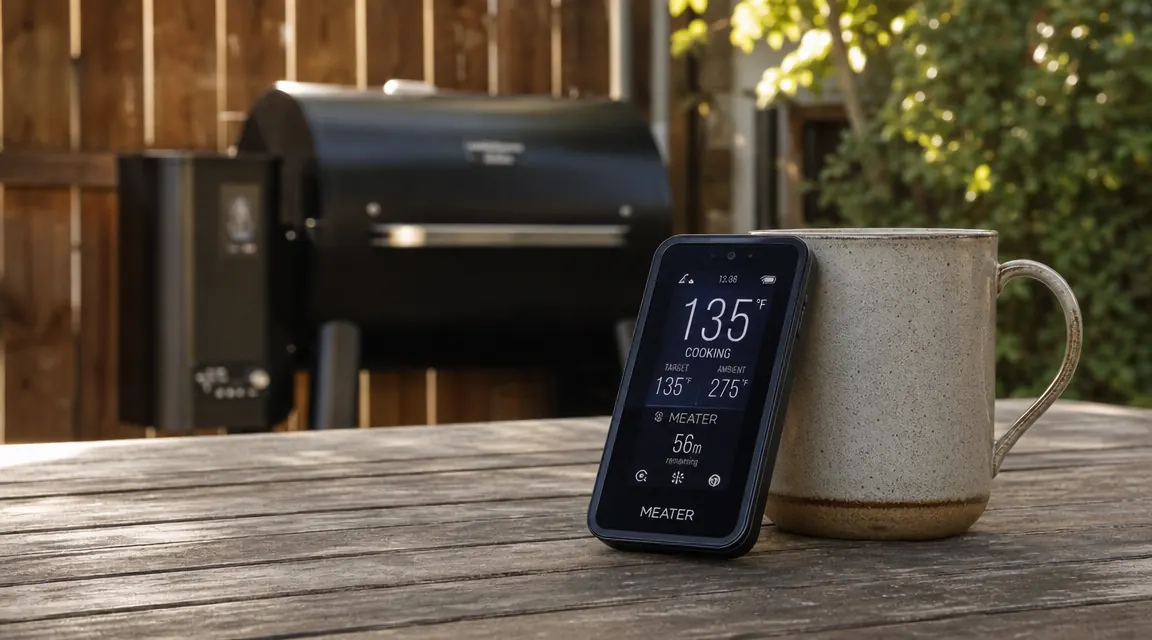 Govee Bluetooth meat thermometer receiver sitting on a wooden outdoor table beside a smoker, warm afternoon light