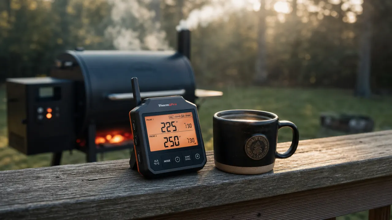 Govee Bluetooth meat thermometer probes inserted into a pork shoulder on a pellet smoker, smoke rising in soft morning light