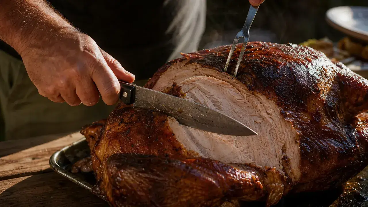 Sliced turkey on a wooden cutting board surrounded by family at a Thanksgiving table