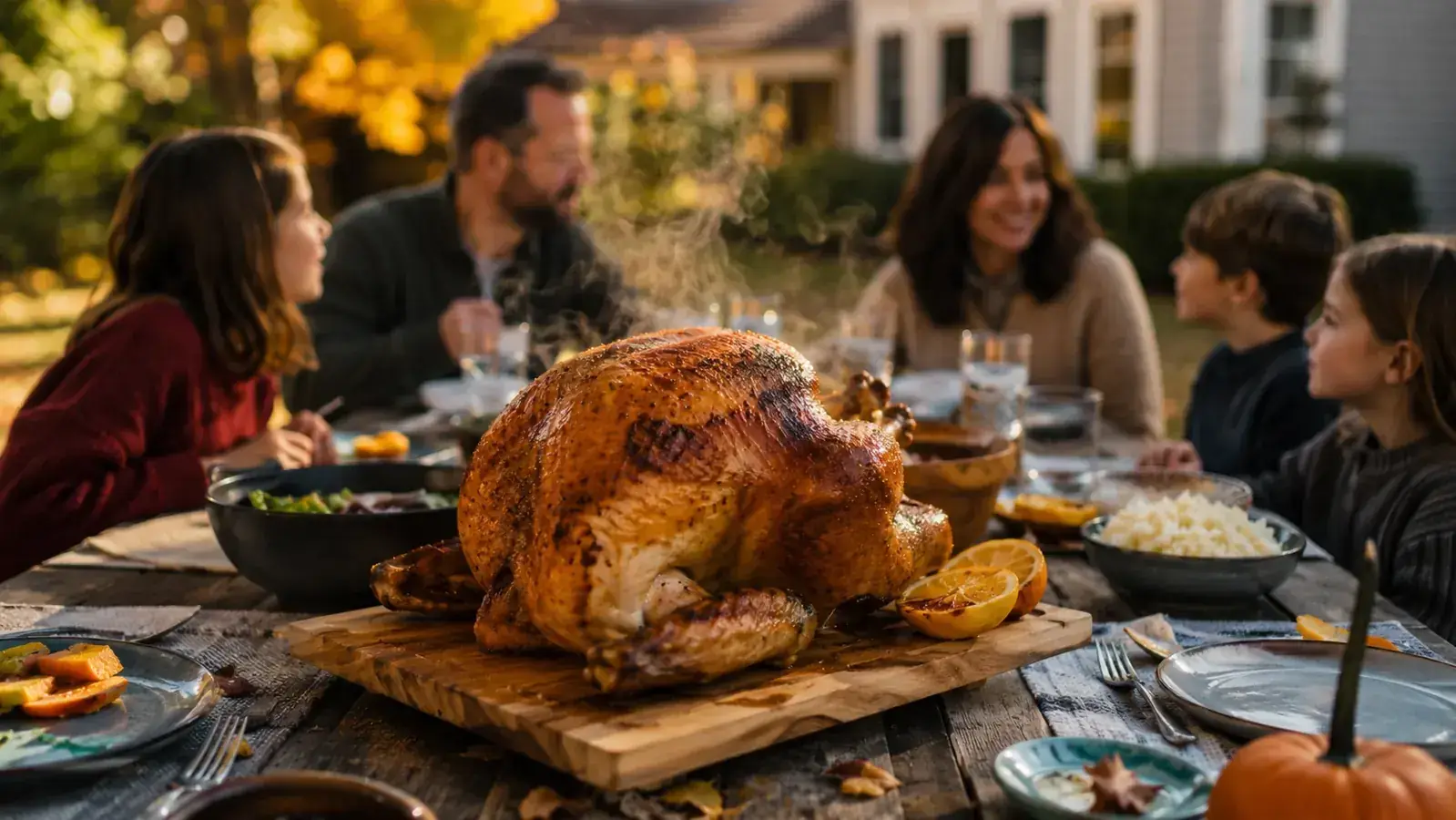 Whole turkey resting on a smoker grate with light wisps of smoke in the background on a crisp fall morning