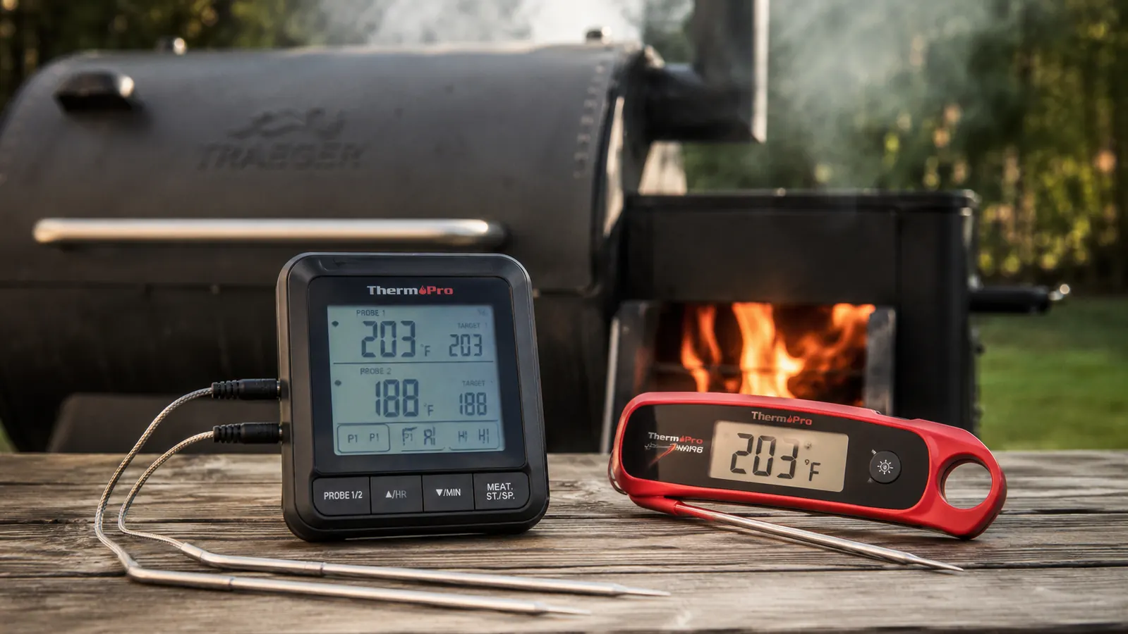 Two meat thermometers side by side on a wooden cutting board next to a smoked pork shoulder
