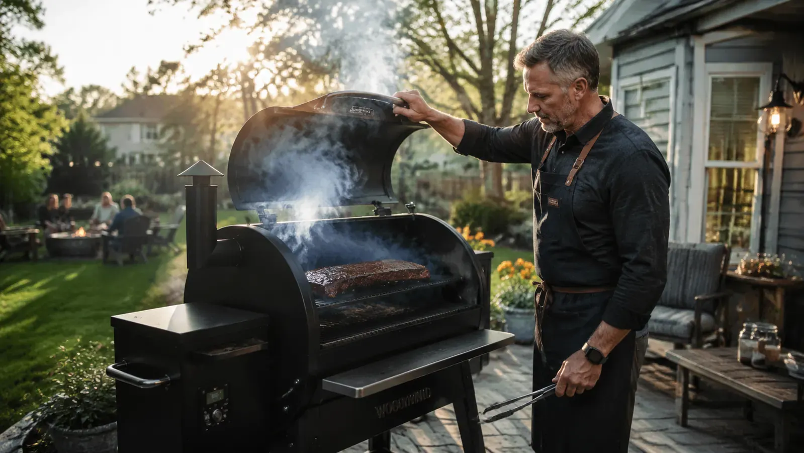 A backyard pellet grill running low and slow at golden hour, thin blue smoke rising