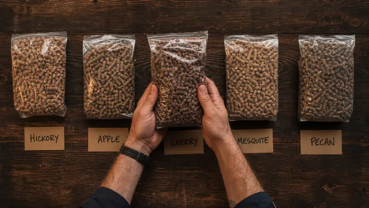 Assorted wood pellets in four small piles on a wooden cutting board next to a pellet grill in a backyard setting, warm afternoon light