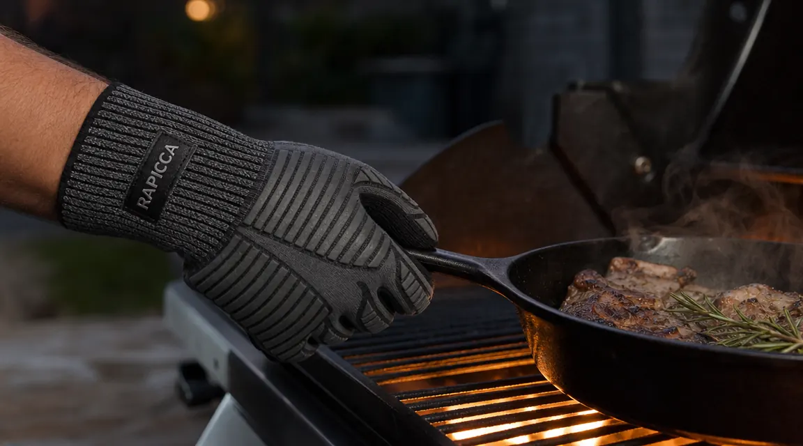 Hand in grill glove scrubbing a hot grill grate with a brush while the grate still sits over a live fire