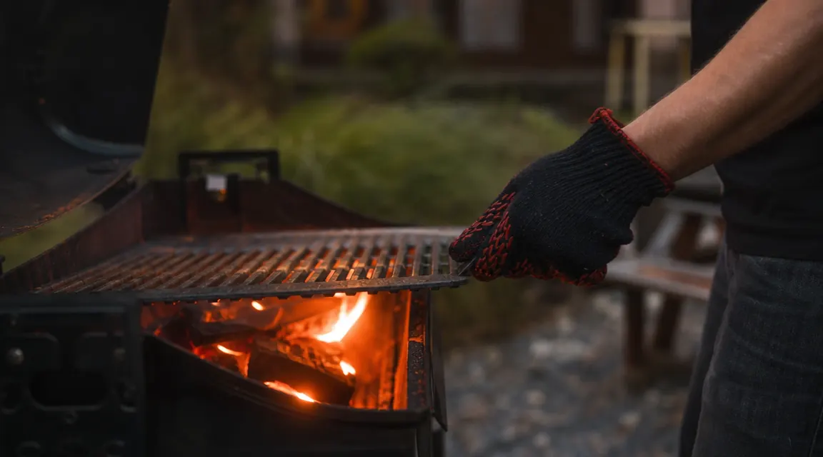 Overhead view of a clean cast iron grill grate next to a pair of BBQ gloves and a wire brush on a wooden deck table
