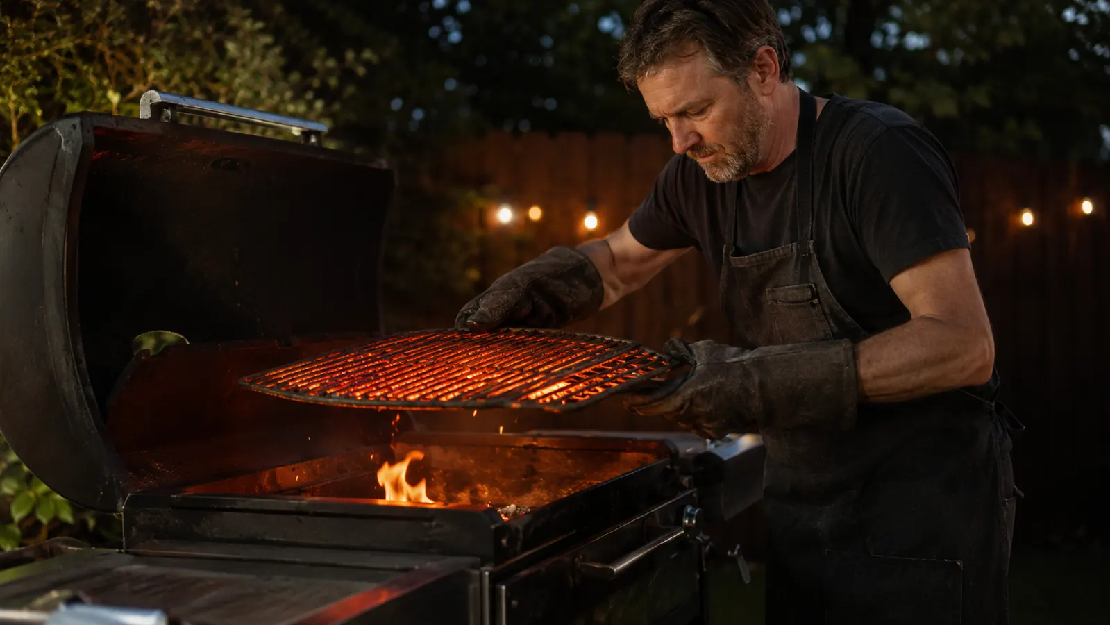 Pitmaster wearing heat-resistant BBQ gloves adjusting cast iron grill grates over open flames