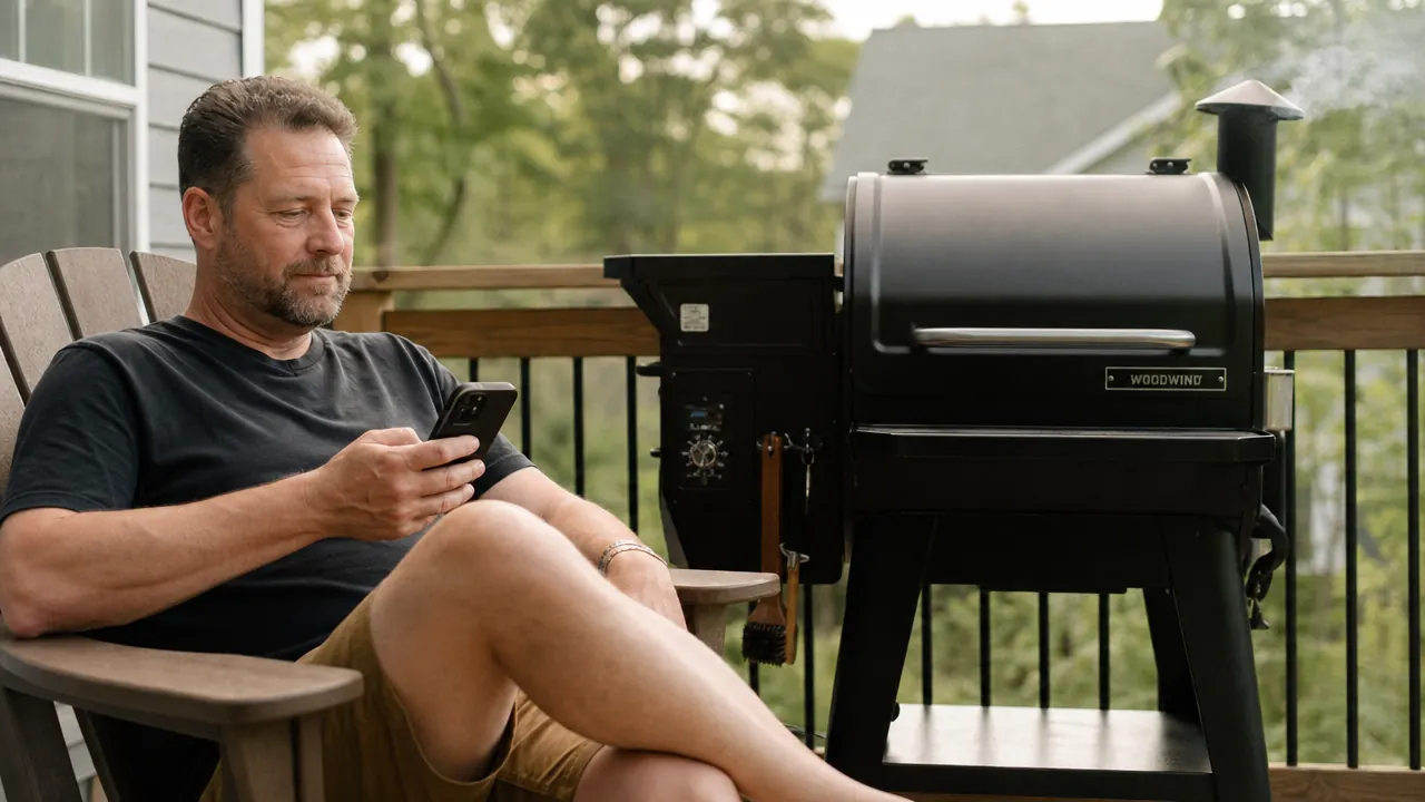 Pellet smoker in a backyard with closed lid and a smartphone showing meat temperature on the Govee app