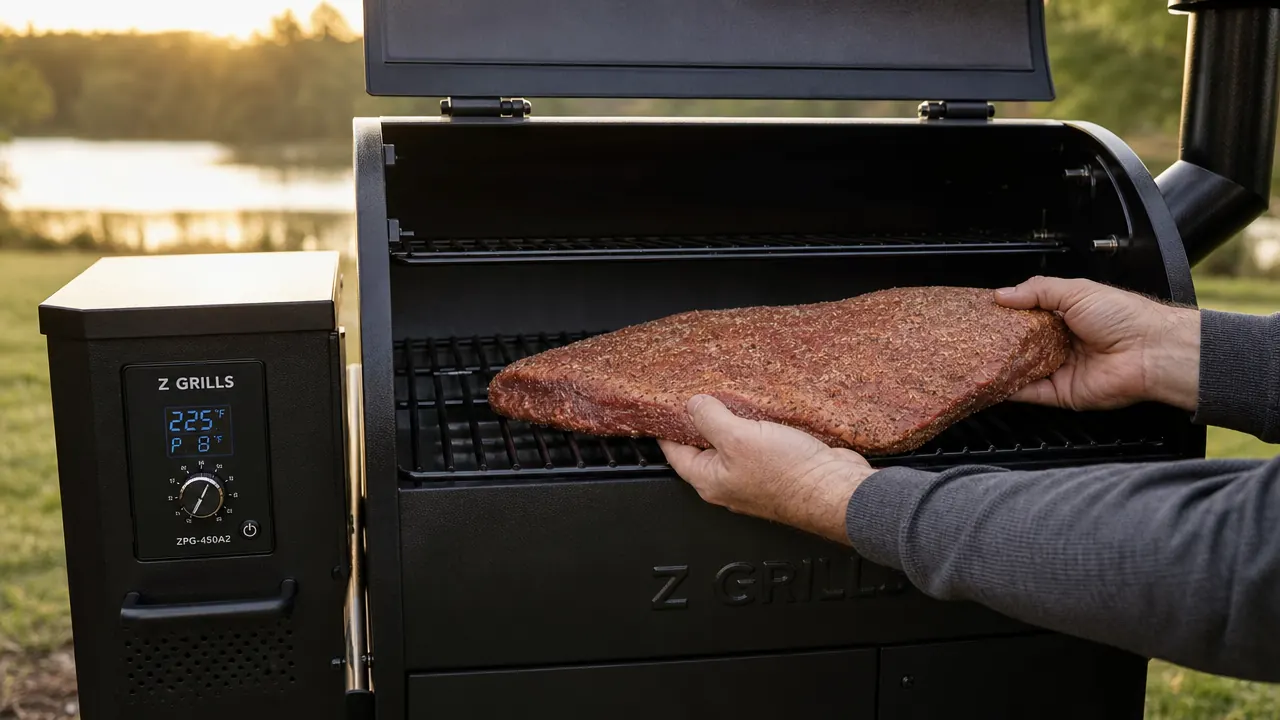 Hands trimming fat off a raw brisket with a boning knife on a white cutting board