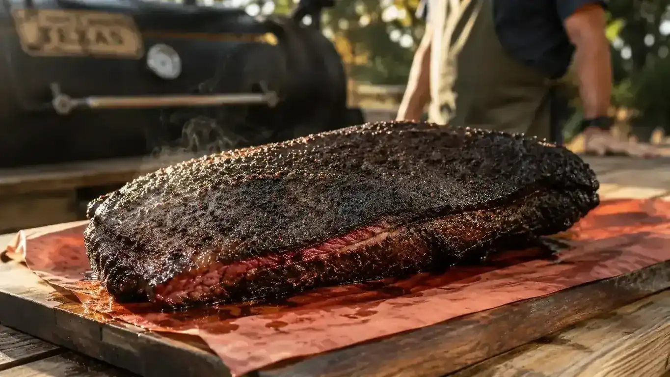Whole packer brisket resting on a cutting board with smoke still rising, backyard patio in the background
