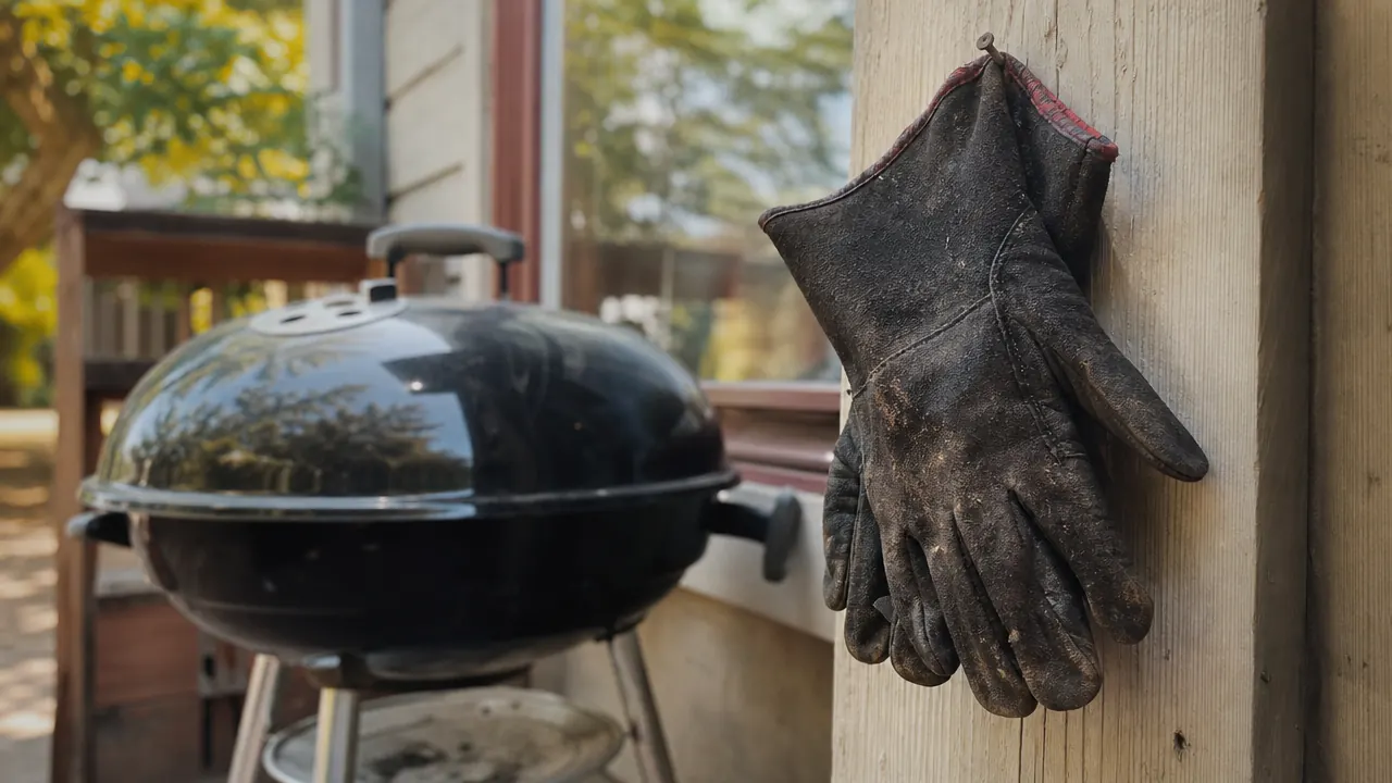 A pair of dark RAPICCA BBQ gloves resting on a wooden picnic table beside a smoking charcoal kettle grill in a backyard at dusk