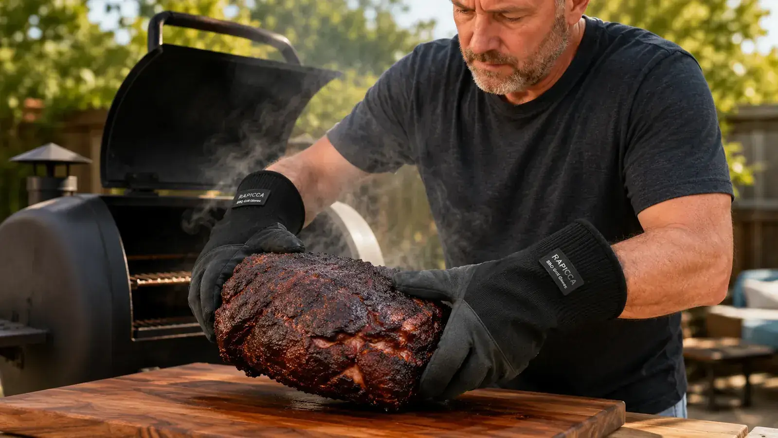Pitmaster shredding pork shoulder by hand while wearing heat-resistant BBQ gloves