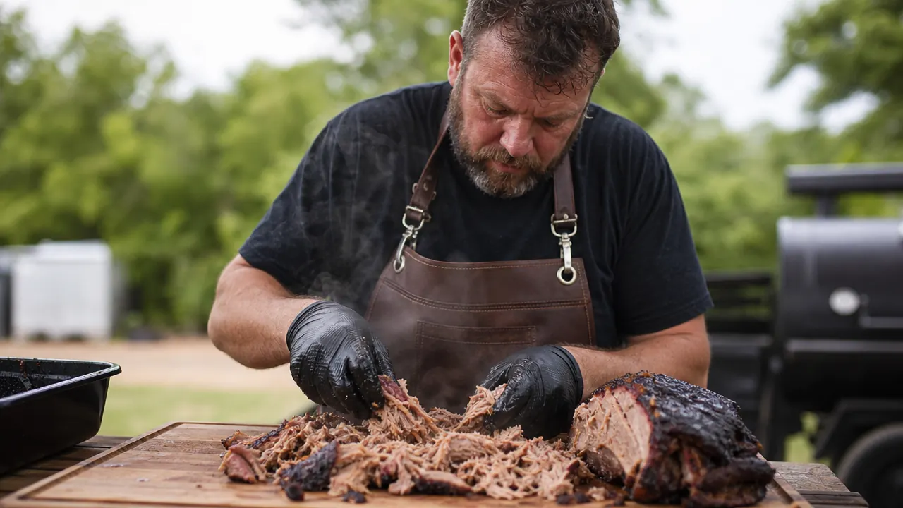 Man in backyard standing at a smoker with thick BBQ gloves on, smoke rising around him on a sunny afternoon