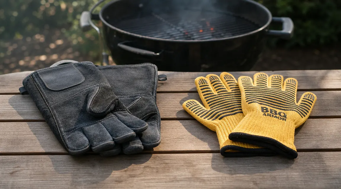Pitmaster wearing RAPICCA BBQ gloves while lifting a rack of ribs off a smoker grate