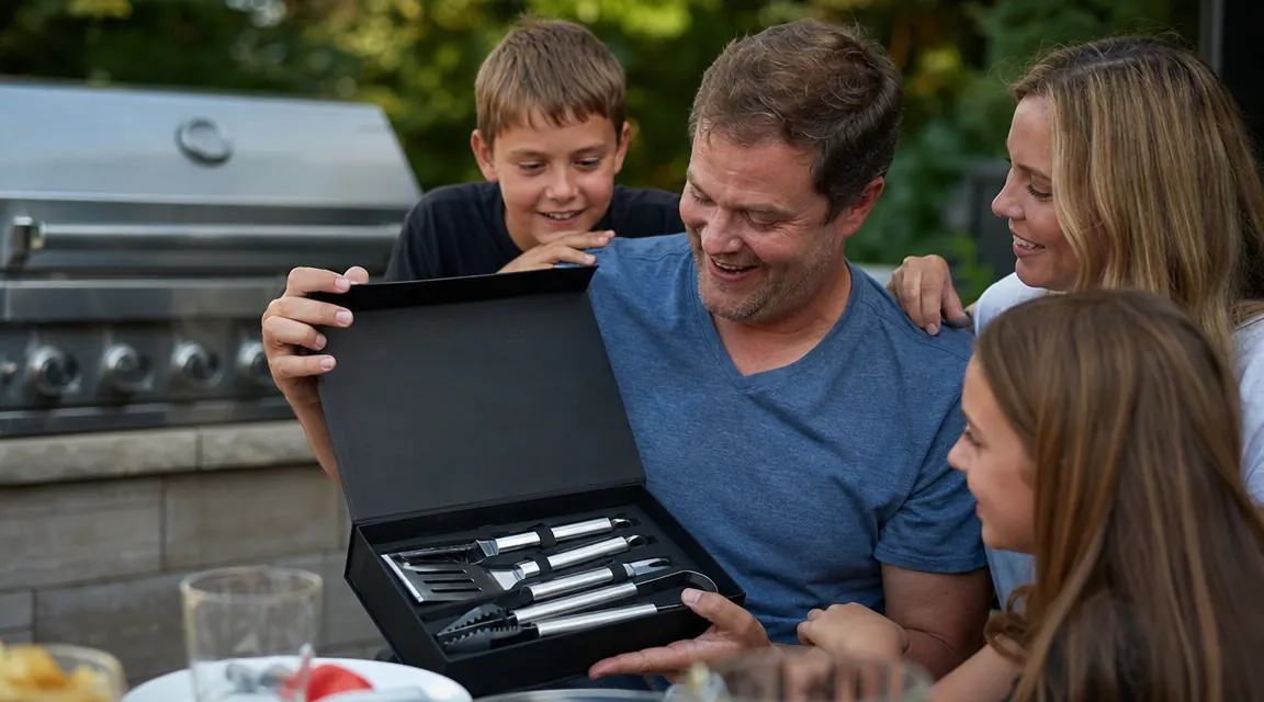 Father and son standing together at a backyard grill on a sunny afternoon, both smiling