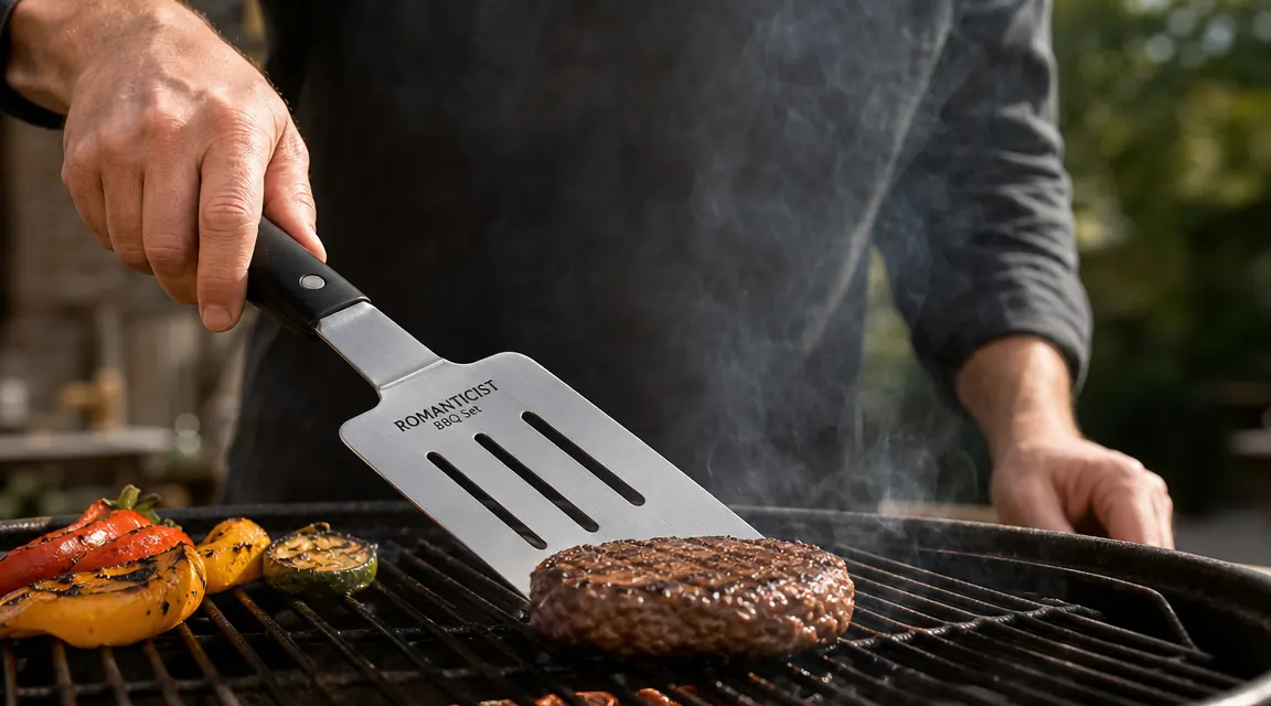 Close-up of the ROMANTICIST grill brush bristles after heavy use, showing wear on the stainless steel head