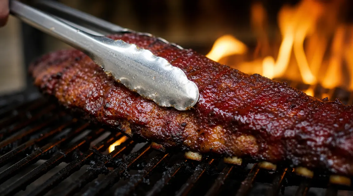 Man in a backyard using the ROMANTICIST tongs to pull ribs off a grill grate while smoke rises around him