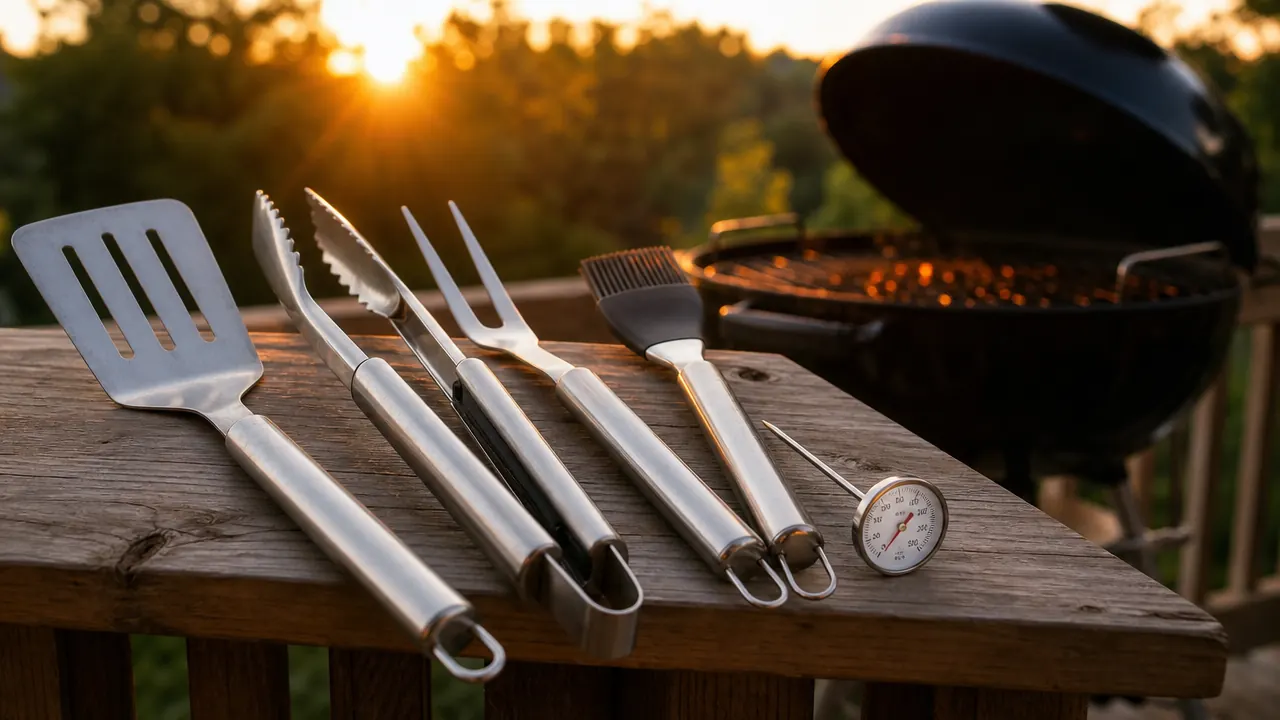 ROMANTICIST 23-piece BBQ tool set laid out on a weathered wooden table beside a smoker, tools fanned open, warm evening light