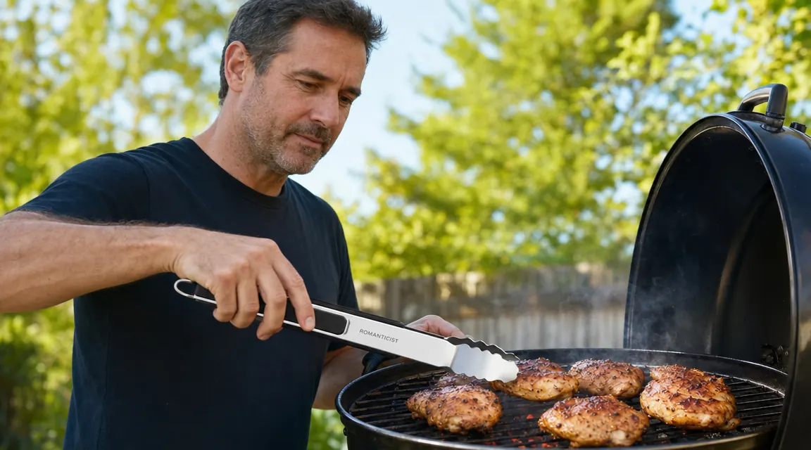 Hand gripping the ROMANTICIST spatula flipping a thick ribeye on a hot grill grate