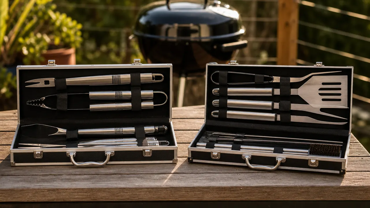 Two BBQ tool sets laid out side by side on a wooden picnic table outdoors near a grill