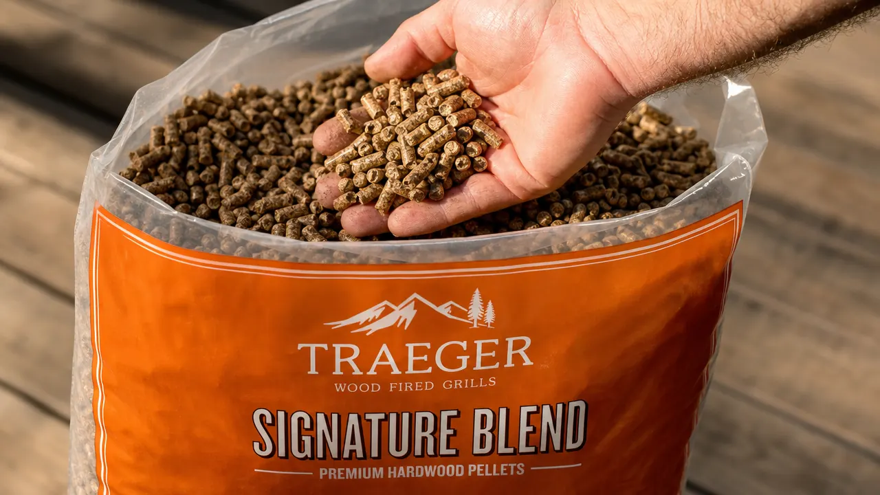 Hand scooping Traeger Signature Blend pellets into a hopper, showing pellet size and wood grain texture up close