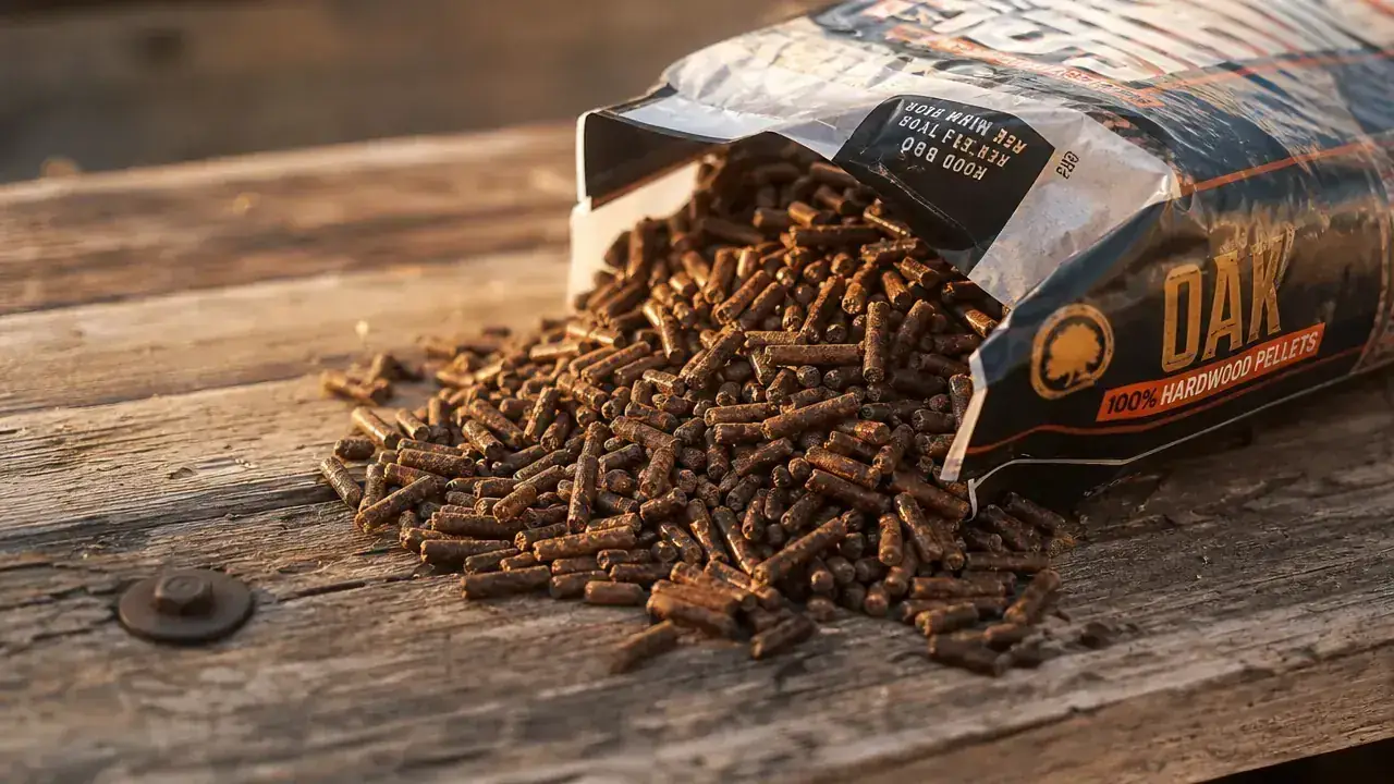 Open bag of Traeger Signature Blend wood pellets next to a pellet grill on a backyard deck, late afternoon light