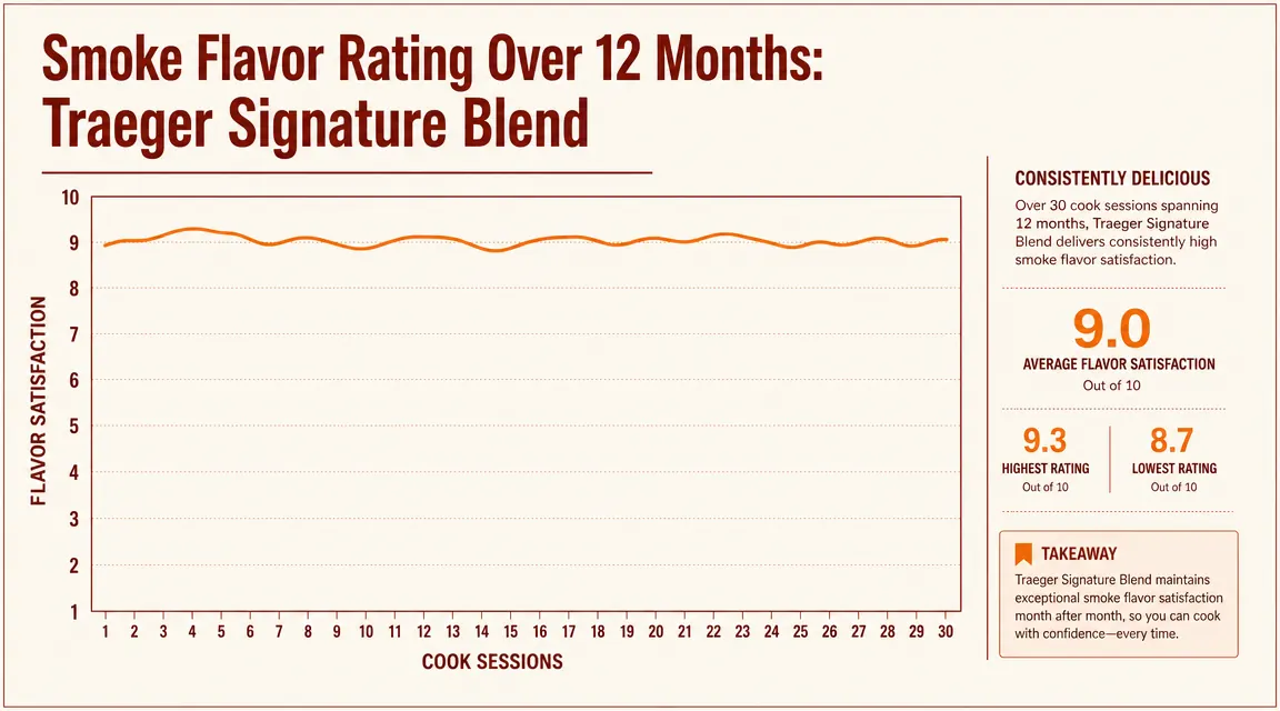 Chart comparing smoke ring depth across four cooks using Traeger Signature Blend versus generic store pellets