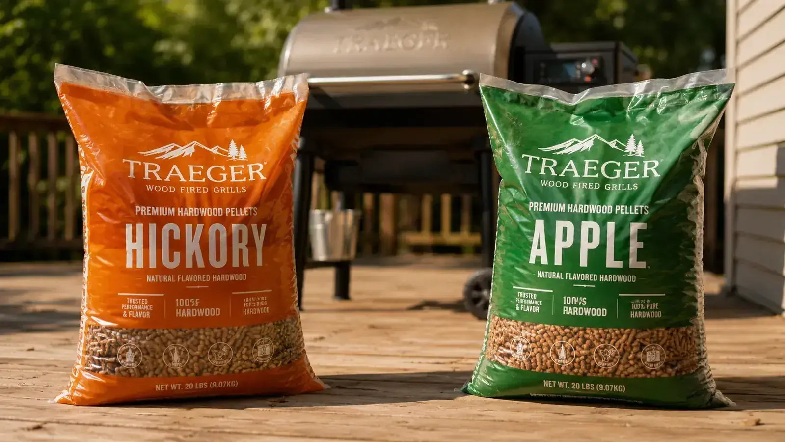 Two 20-pound bags of wood pellets sitting side by side on a wooden deck next to a smoker, warm afternoon light