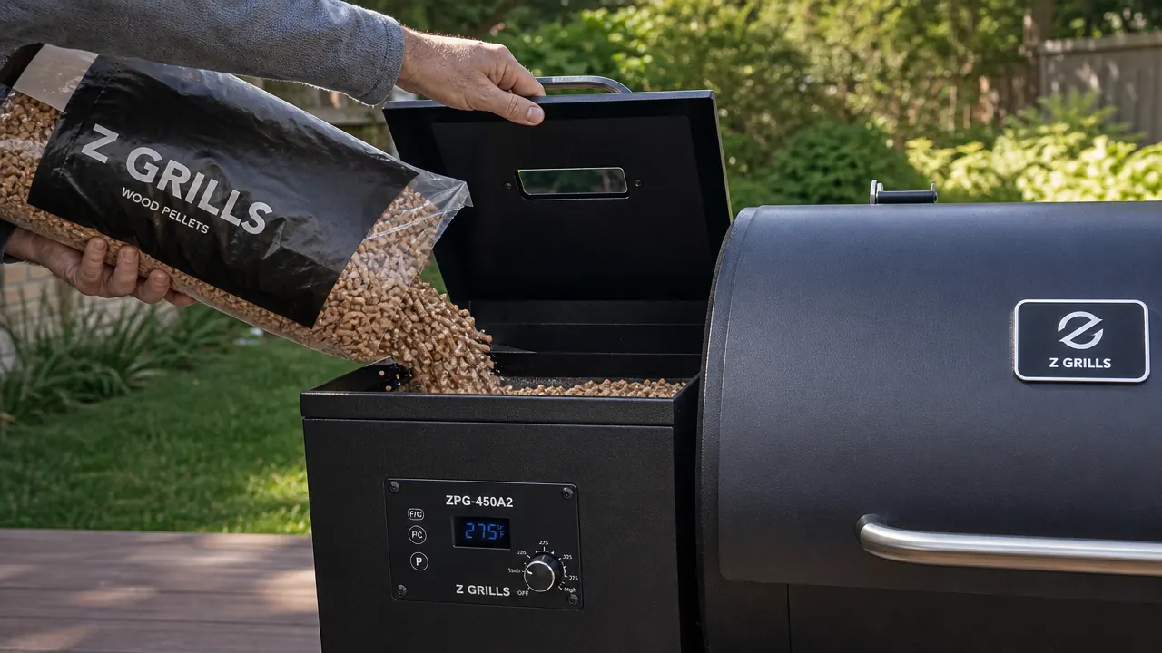 Interior of the Z Grills ZPG-450A2 showing grease tray and heat deflector with visible grease buildup after multiple cooks