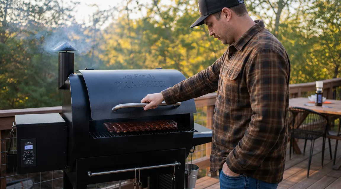 Z Grills ZPG-450A2 pellet grill on a backyard patio with a brisket visible through the open lid