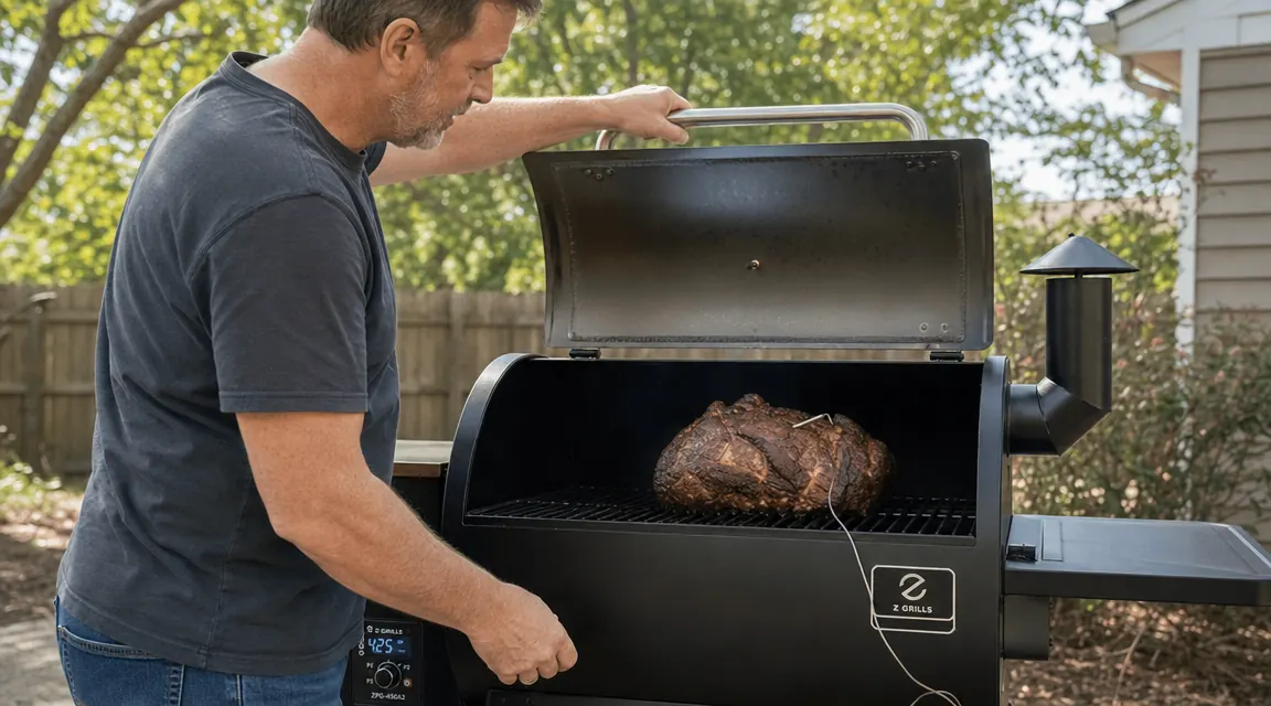 Hand loading hardwood pellets into the Z Grills ZPG-450A2 side hopper from a bag
