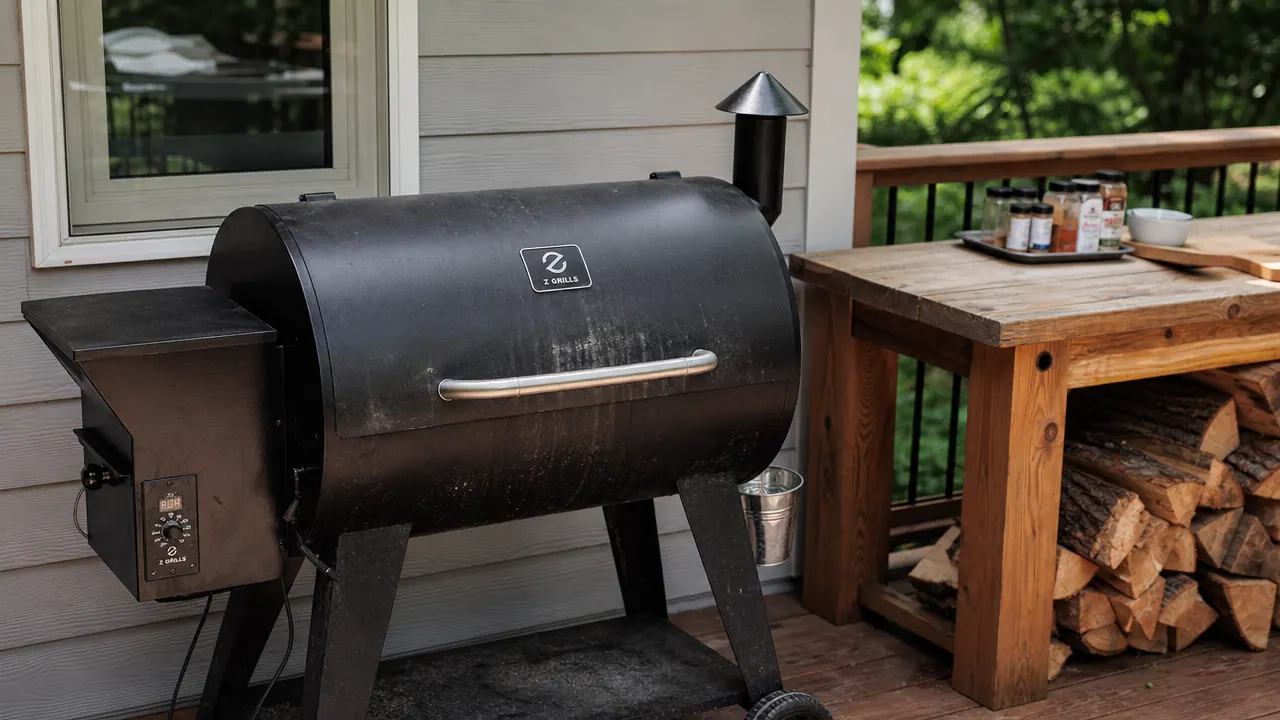 Z Grills ZPG-450A2 pellet grill on a backyard patio at dusk with smoke rising from the chimney