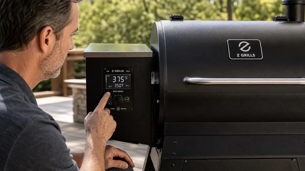 Close-up of the Z Grills ZPG-450A2 digital PID controller screen showing 225 degrees