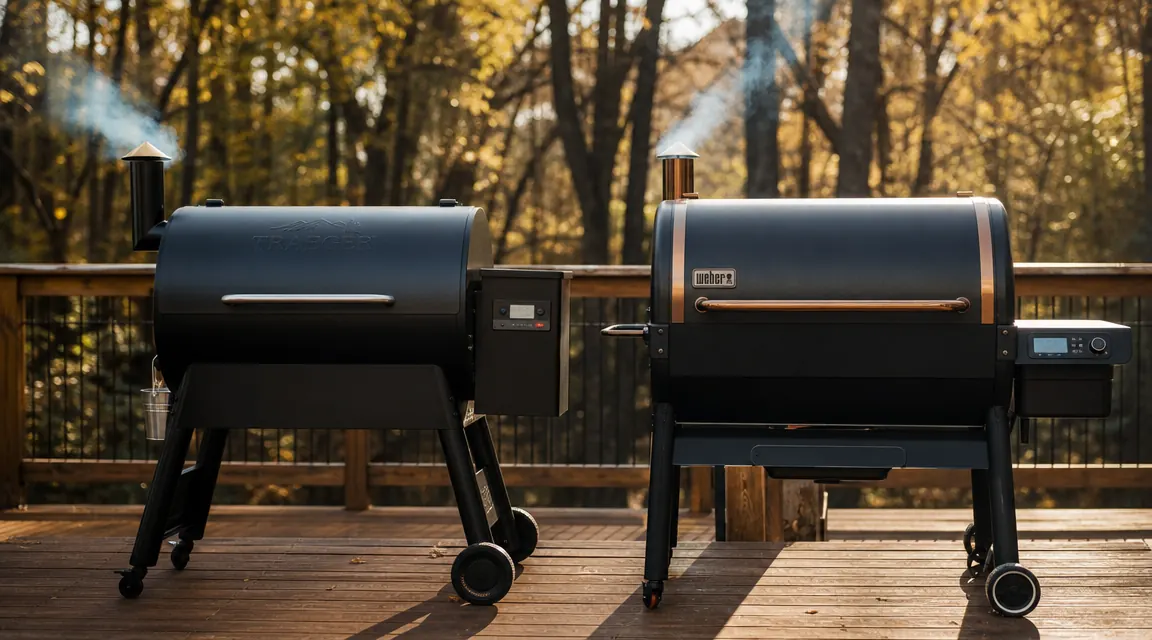 Z Grills ZPG-450A2 pellet grill on a backyard patio next to a stack of wood pellet bags, late afternoon light